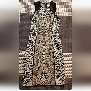 Cache Women's Knit Leopard Print Pencil Dress Sleeveless Mesh Shoulder Size S